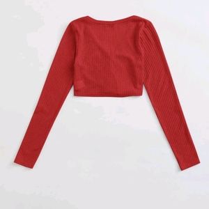 Front Button Rib Knit Crop Tee